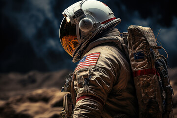 Portrait of American astronaut in outer space, moon or unknown planet