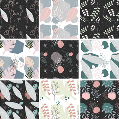 Collage contemporary floral and polka dot shapes seamless pattern set. Modern exotic design for paper, cover, fabric, interior and decor