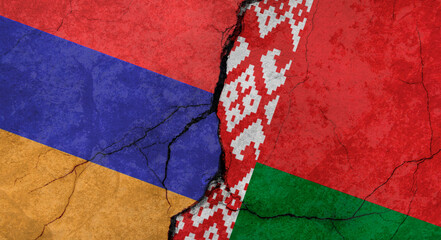 Armenia and Belarus flags, concrete wall texture with cracks, grunge background, military conflict concept