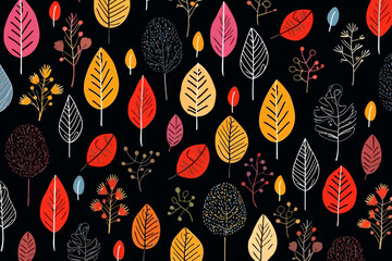 Autumn Foliage quirky doodle pattern, wallpaper, background, cartoon, vector, whimsical Illustration