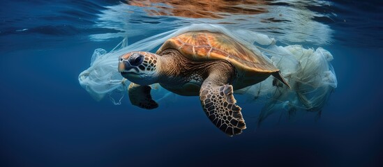 Loggerhead Sea Turtle entangled in fishing net in Atlantic ocean near Pico Azores Portugal With copyspace for text
