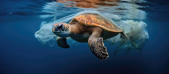 Fotobehang Loggerhead Sea Turtle entangled in fishing net in Atlantic ocean near Pico Azores Portugal With copyspace for text © 2rogan