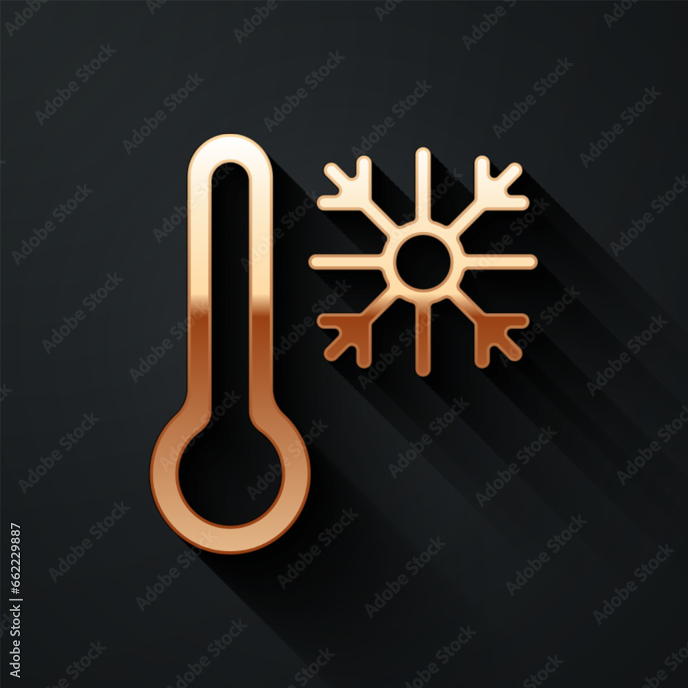 Poster gold thermometer with snowflake icon isolated on black background. long shadow style. vector
