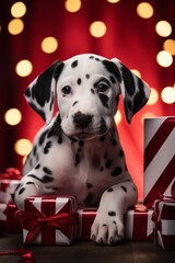 Dalmatian puppy dog between christmas presents