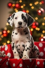 Dalmatian puppy dog between christmas presents