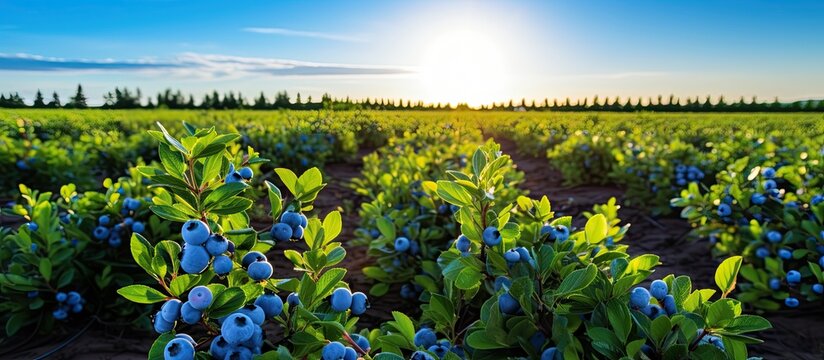 Mid July brings the first harvest of juicy berries on irrigated blueberry bushes With copyspace for text