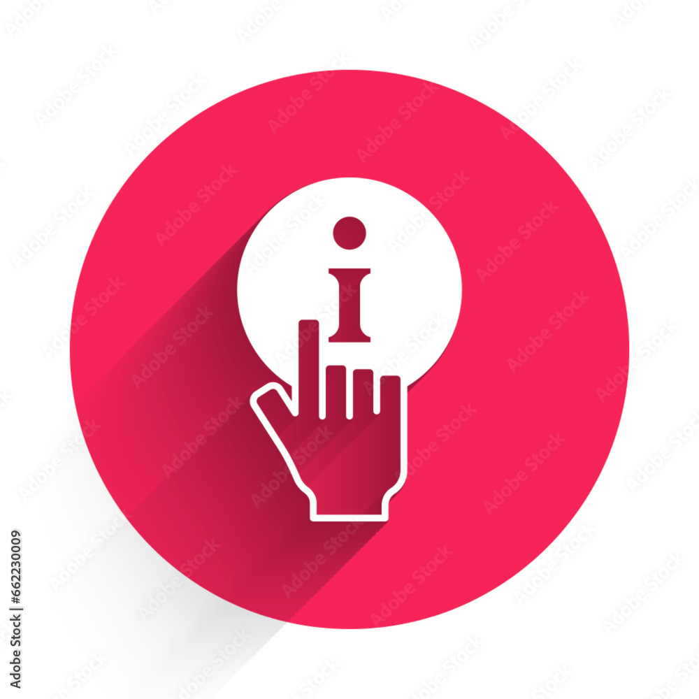 Poster white information icon isolated with long shadow. red circle button. vector