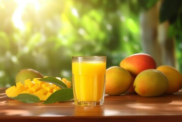 glass of mango juice with sliced fresh mangoes on wooden table with blurred background and sunlight. generative ai