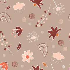 Seamless pattern of rainbows, flowers, plants, clouds. Cartoon vector illustration for fabric, background, wrapping paper.