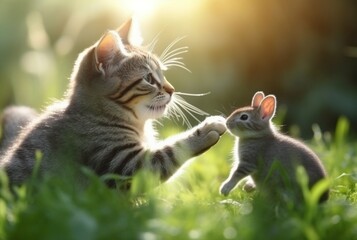 cute cat with cute bunny playing on the green grass of the garden with blurred background and sunlight. generative ai