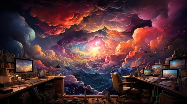 A dynamic digital painting of a cloud environment filled with a variety of IT tools