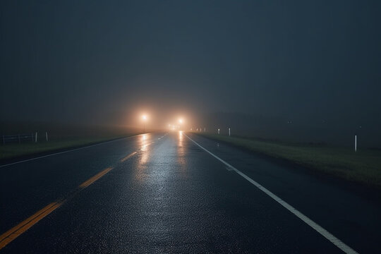 Foggy empty road at night generative AI