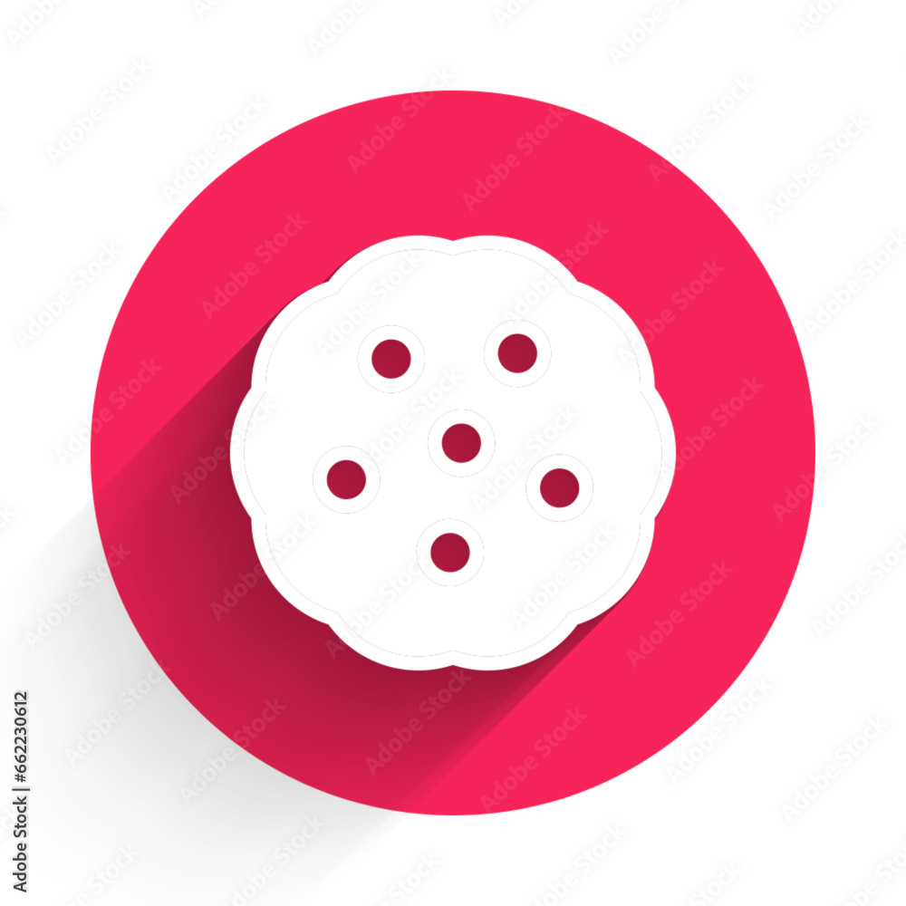 Poster white cookie or biscuit with chocolate icon isolated with long shadow background. red circle button.