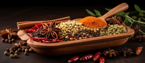 Indian spices used in Indian cooking such as masala hot curry whole spices like turmeric cardamom and black pepper along with curry leaves and paprika are commonly found in a spice box from