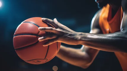 Gardinen Basketball player with a ball over basketball court background © daniy
