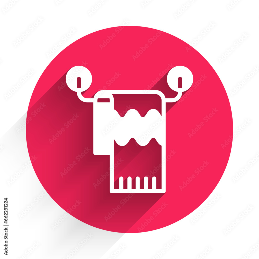 Poster white towel on hanger icon isolated with long shadow background. bathroom towel icon. red circle but