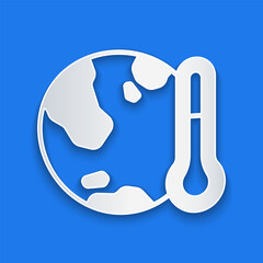 Paper cut Planet earth melting to global warming icon isolated on blue background. Ecological problems and solutions - thermometer. Paper art style. Vector