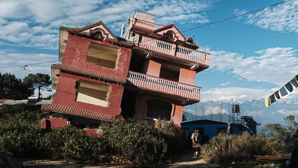 Tilted house after earthquake, Nepal, Asia
