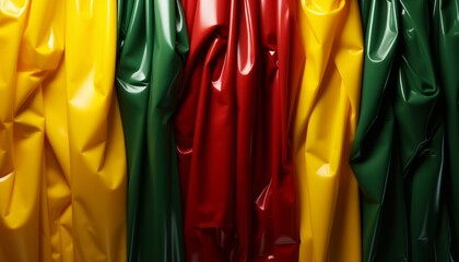 Background of yellow, green, red plastic sheets in a row with folds