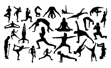 Set of people workout sport vector silhouettes