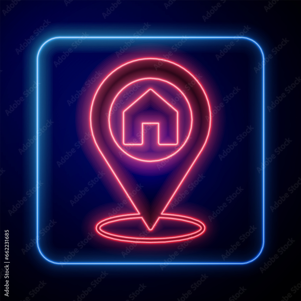 Poster glowing neon map pointer with house icon isolated on black background. home location marker symbol. 