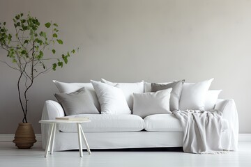 Fototapeta na wymiar Elegant interior design. Modern white sofa in bright room. Contemporary home with stylish. Relax in style. Cozy living rooms