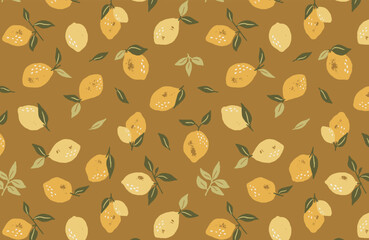 Hand drawn lemons and leaves seamless pattern in vector style