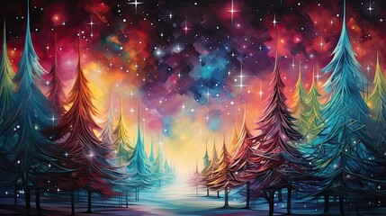 Colorful winter forest illustration. Abstract art and christmas concept. 