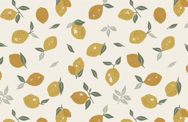 Hand drawn lemons and leaves seamless pattern in vector style
