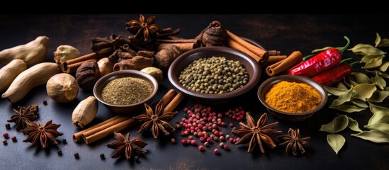 Fototapeta na wymiar Indian spices used in India for making curry tea medicine and promoting good health Garam masala includes cinnamon cardamom and star anise for meat dishes With copyspace for text