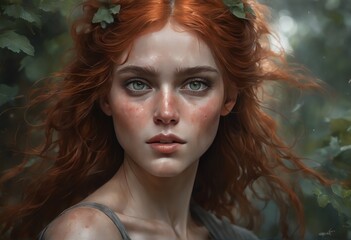 digital painting of a girl with an art background. digital painting of a girl with an art background. digital composite of redhead female face in forest