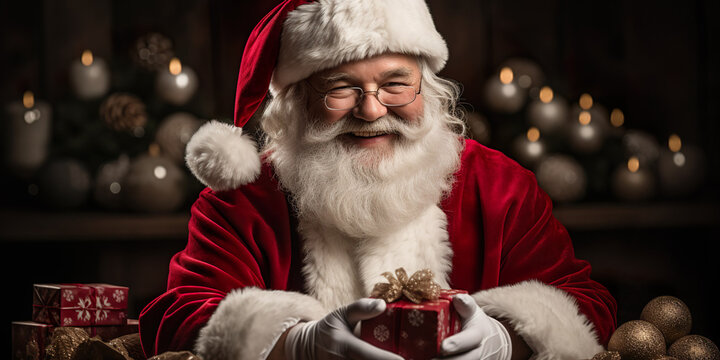 Generative AI image of smiling Santa Claus with long white beard looking at camera against Christmas tree and presents background.