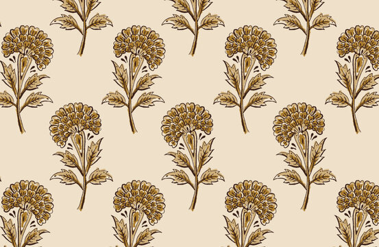 Digital Ajrakh seamless pattern block print floral batik vector