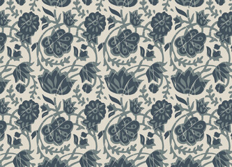Hand-drawn batik seamless pattern block print floral vector