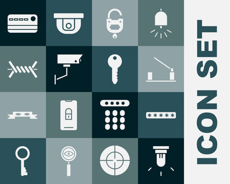 Set Motion sensor, Password protection, Parking car barrier, Lock and key, Security camera, Barbed wire, Credit card and Key icon. Vector