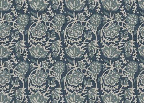 Hand-drawn batik seamless pattern block print floral vector