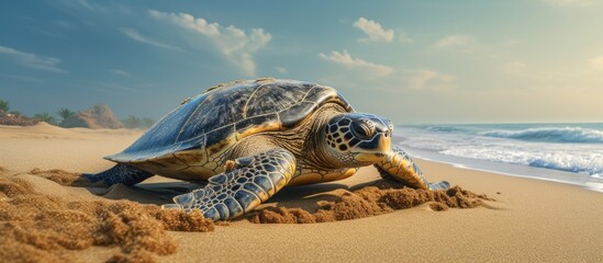 Leatherback turtle nesting on the beach With copyspace for text - obrazy, fototapety, plakaty