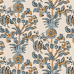 Digital Ajrakh seamless pattern block print floral batik vector