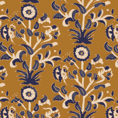 Digital Ajrakh seamless pattern block print floral batik vector