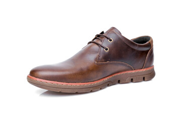 Male brown leather shoe on white background, isolated product.