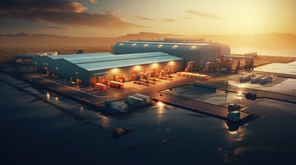 Aerial view of an industrial area with warehouses.