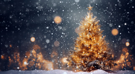Fototapeta premium Christmas tree outdoor with snow, lights bokeh around, and snow falling, Christmas atmosphere with copy space. Christmas theme, sales, space for your holiday text.