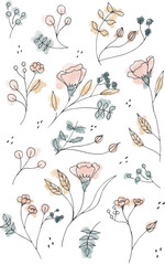 Floral hand drawn set with watercolor effect on background