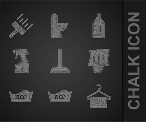 Set Rubber plunger, Temperature wash, Towel on hanger, Cleaning service, spray bottle, Bottle for cleaning agent and cleaner windows icon. Vector