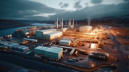 Aerial view of an industrial area with warehouses.