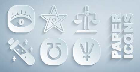 Set Life, Libra zodiac, Bottle with potion, Neptune planet, Pentagram and Masons icon. Vector