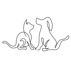 Vector continuous one line cat with dog illustration