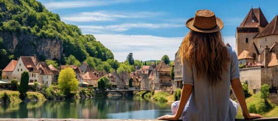 Joyful woman exploring the stunning village of Saint Cirq Lapopie in Lot Occitanie one of France s most beautiful villages With copyspace for text - obrazy, fototapety, plakaty