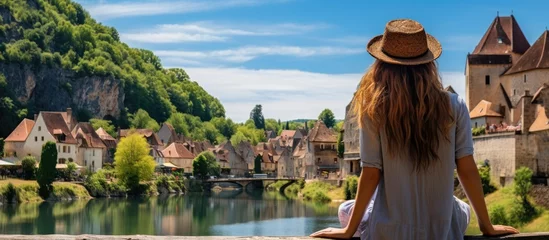 Foto op Canvas Joyful woman exploring the stunning village of Saint Cirq Lapopie in Lot Occitanie one of France s most beautiful villages With copyspace for text © 2rogan