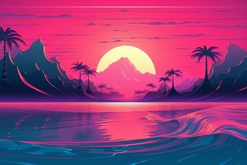 Vaporwave sunset beach. Generative AI - obrazy, fototapety, plakaty